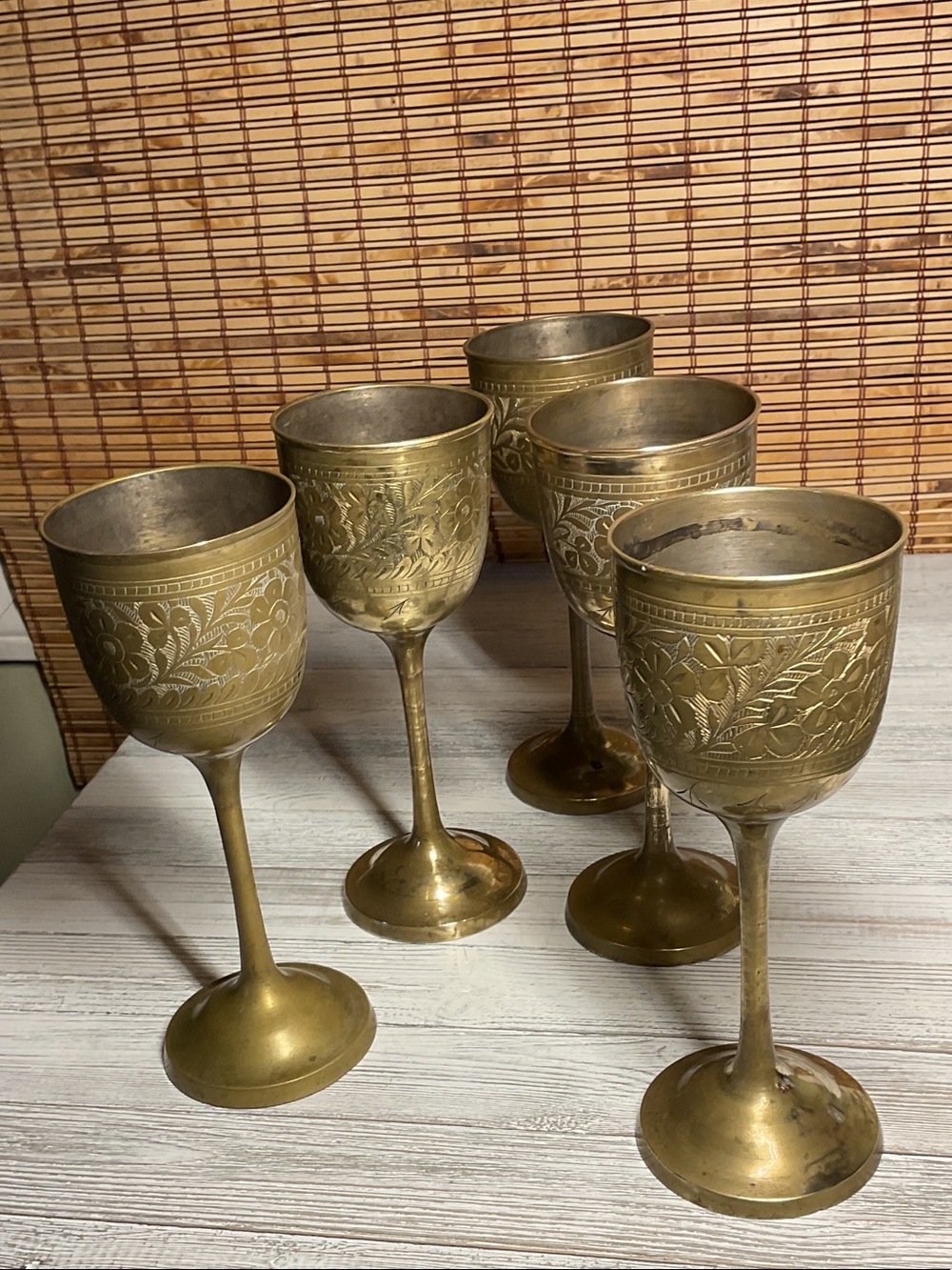 5 vintage Brass Goblet Chalet India Etched Gold